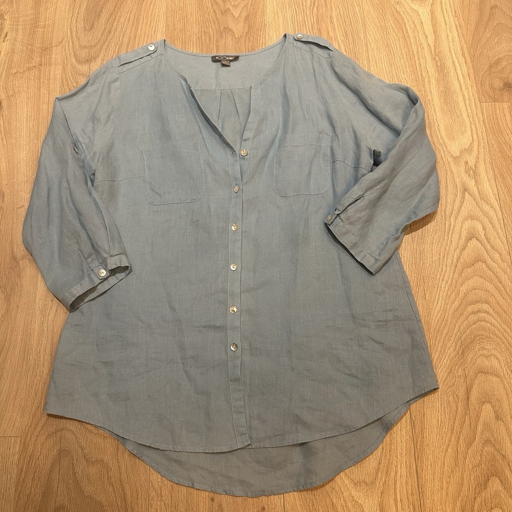 Go Silk 100% Linen Soft Blue Blouse Roll Tab Sleeve Lagenlook Beach Size Large